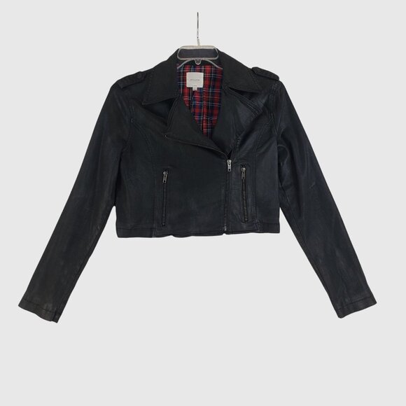 Hidden Jeans Cropped Black Faux Leather Moto Jacket Womens L - Picture 2 of 13